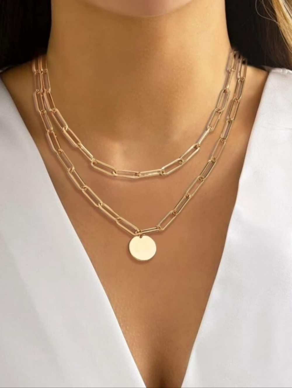 Double-Strand Gold Paperclip Necklace with Disc Pendant